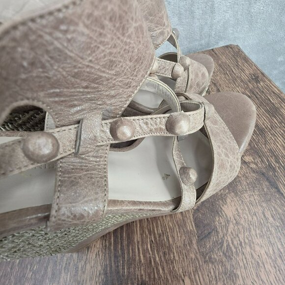 Balenciaga Arena Espadrille Wedges Sandals 10 Taupe Grey Studded Leather Raffia - Picture 14 of 16